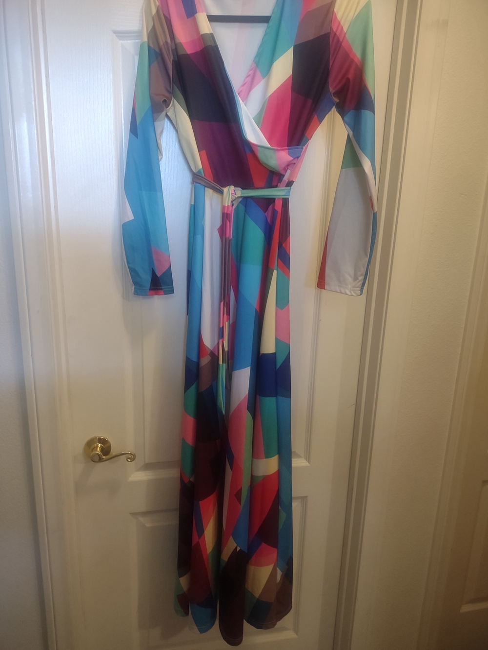 Geometric Multi-Color Wrap Maxi Dress with Self-Tie Waist